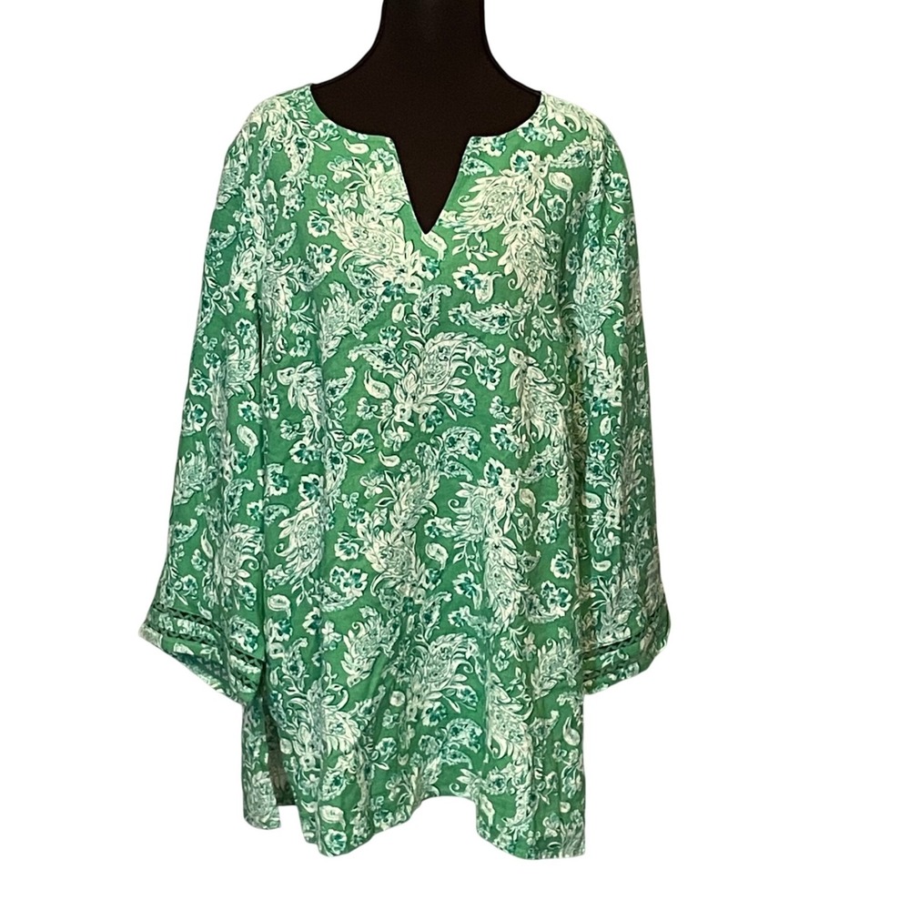 J. Jill Green Paisley Linen Blend Split Neck Tunic Blouse Womens  L Lagenlook